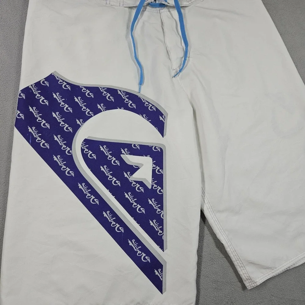 Vintage Quiksilver Board Shorts Mens Size 36 White Graphic Surf Swim Trunks Y2K